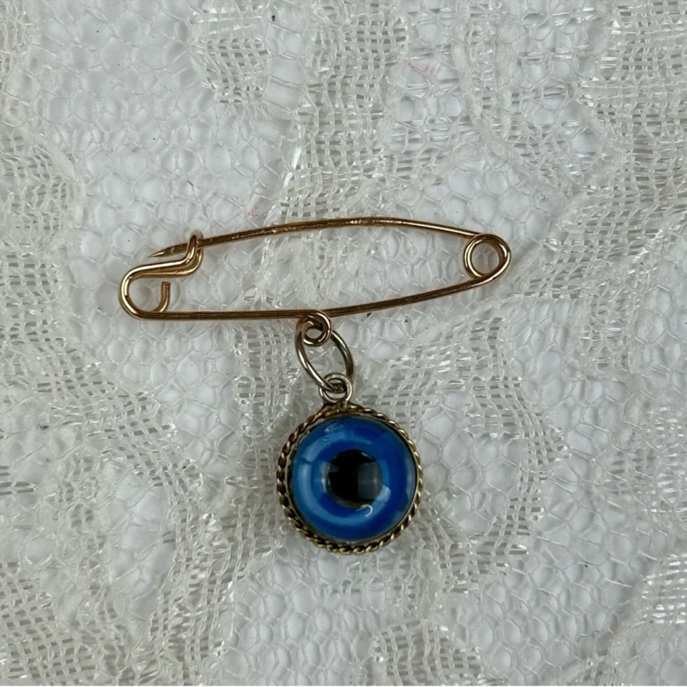 NEW - Vintage 14KT Solid Gold Evil Watchful Eye Safety Pin Pendant Charm Lucky